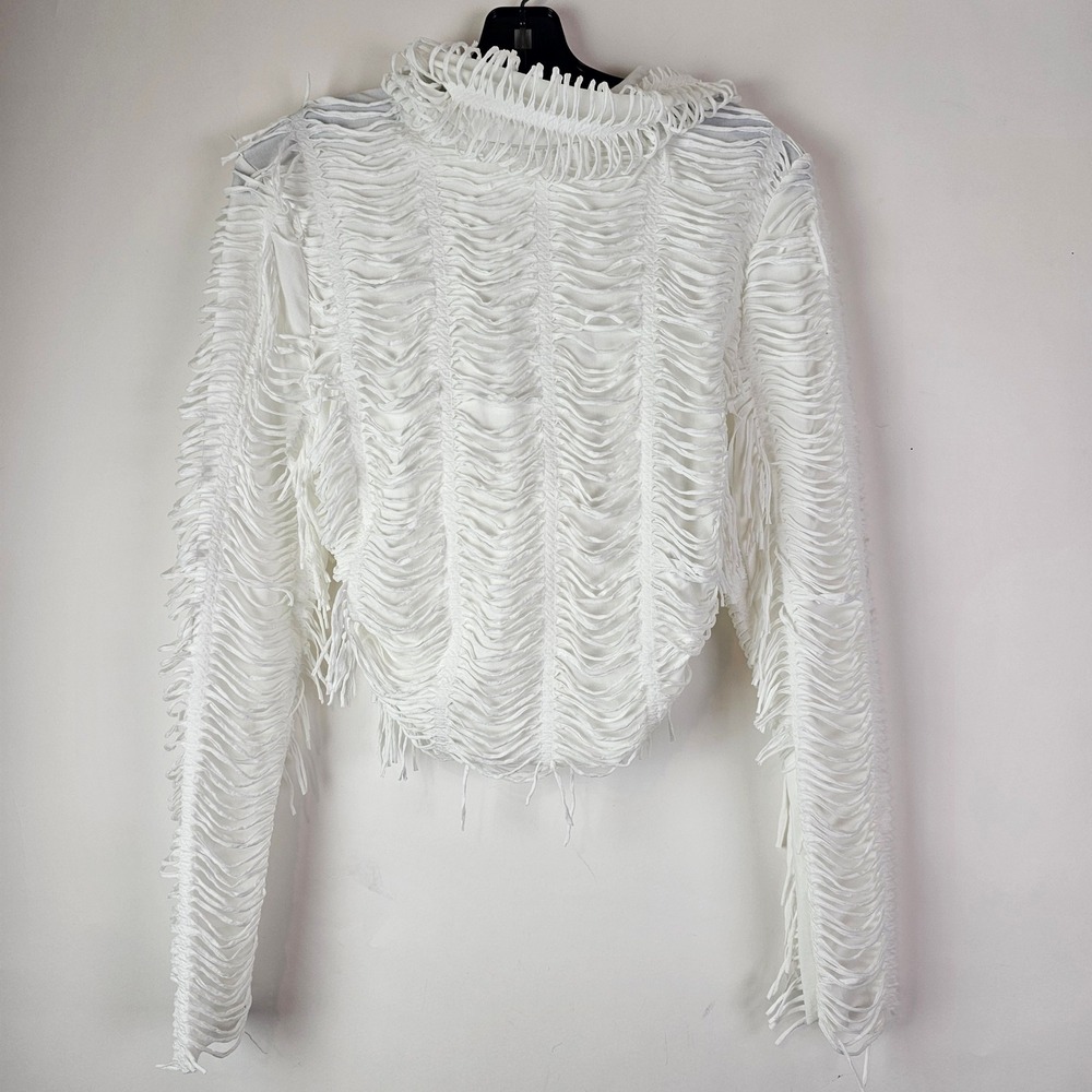 Shein White Shredded Fringe Long Sleeve Crop Top Cowl Neck L Hoodie Sweatshirt